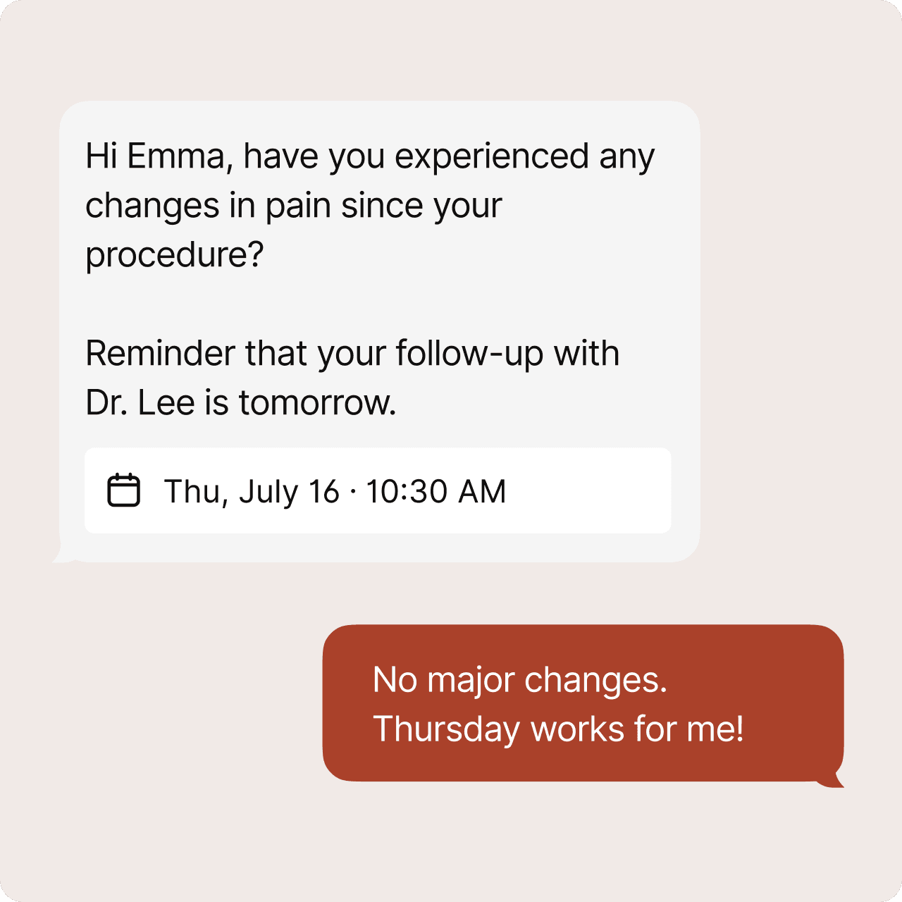 A recovery check-in reminding the patient of tomorrow's follow-up with Dr. Lee and confirming the appointment in the same conversation