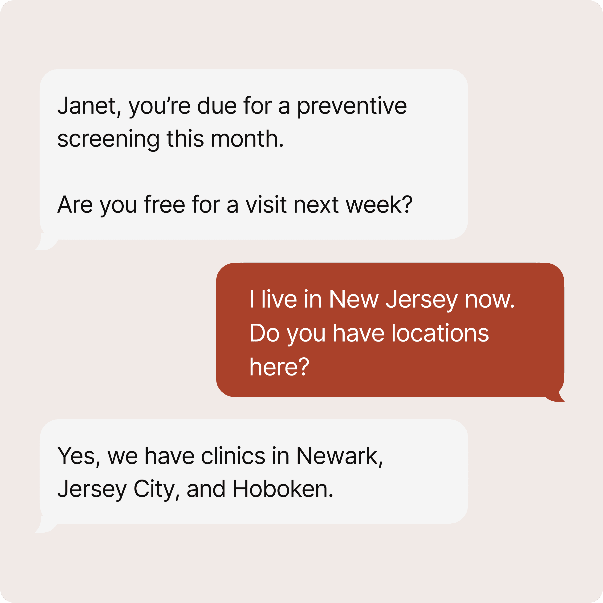 A personalized text answering a patient's question about nearby clinic locations