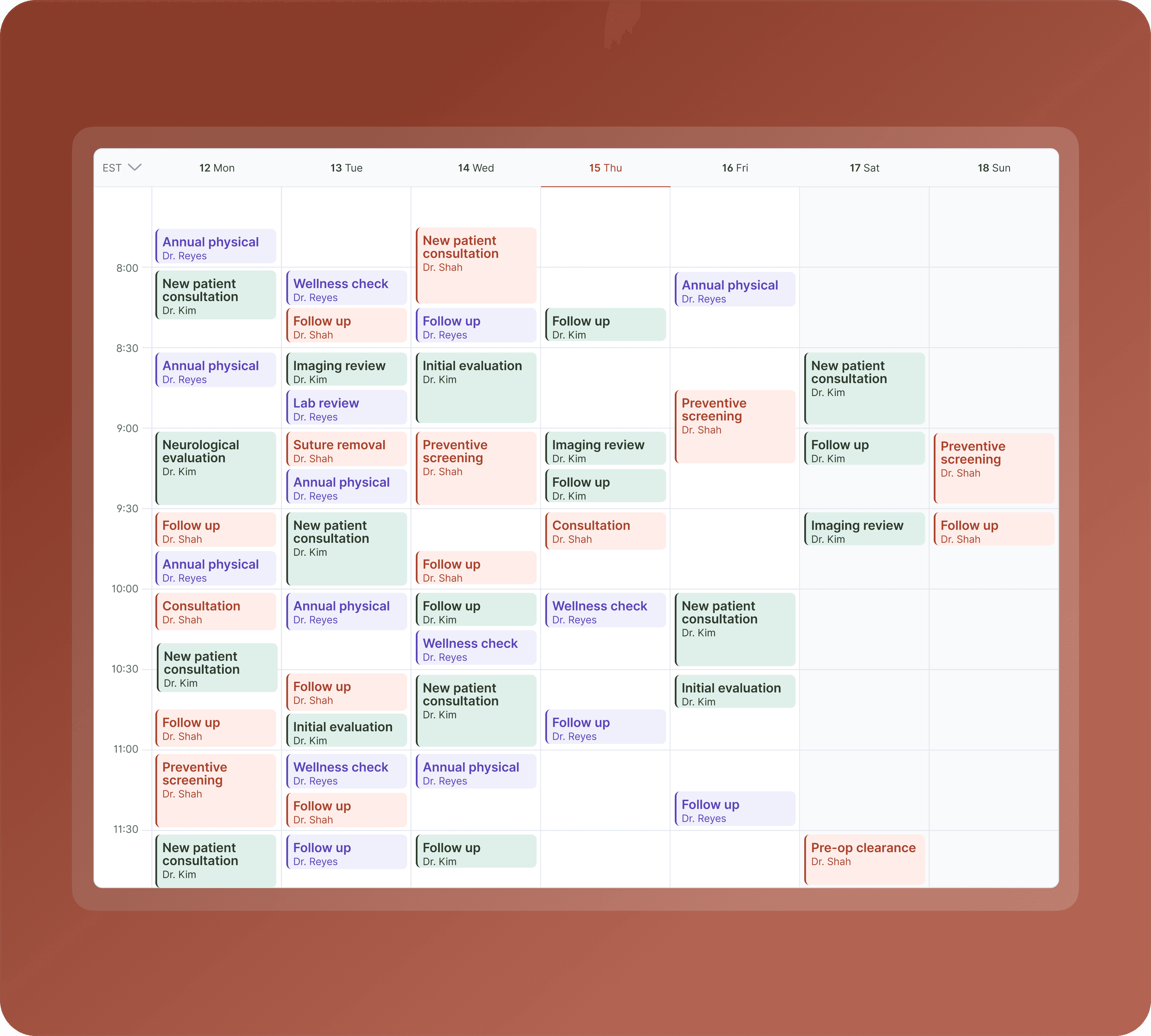 A full weekly calendar packed with appointments across multiple providers and time slots