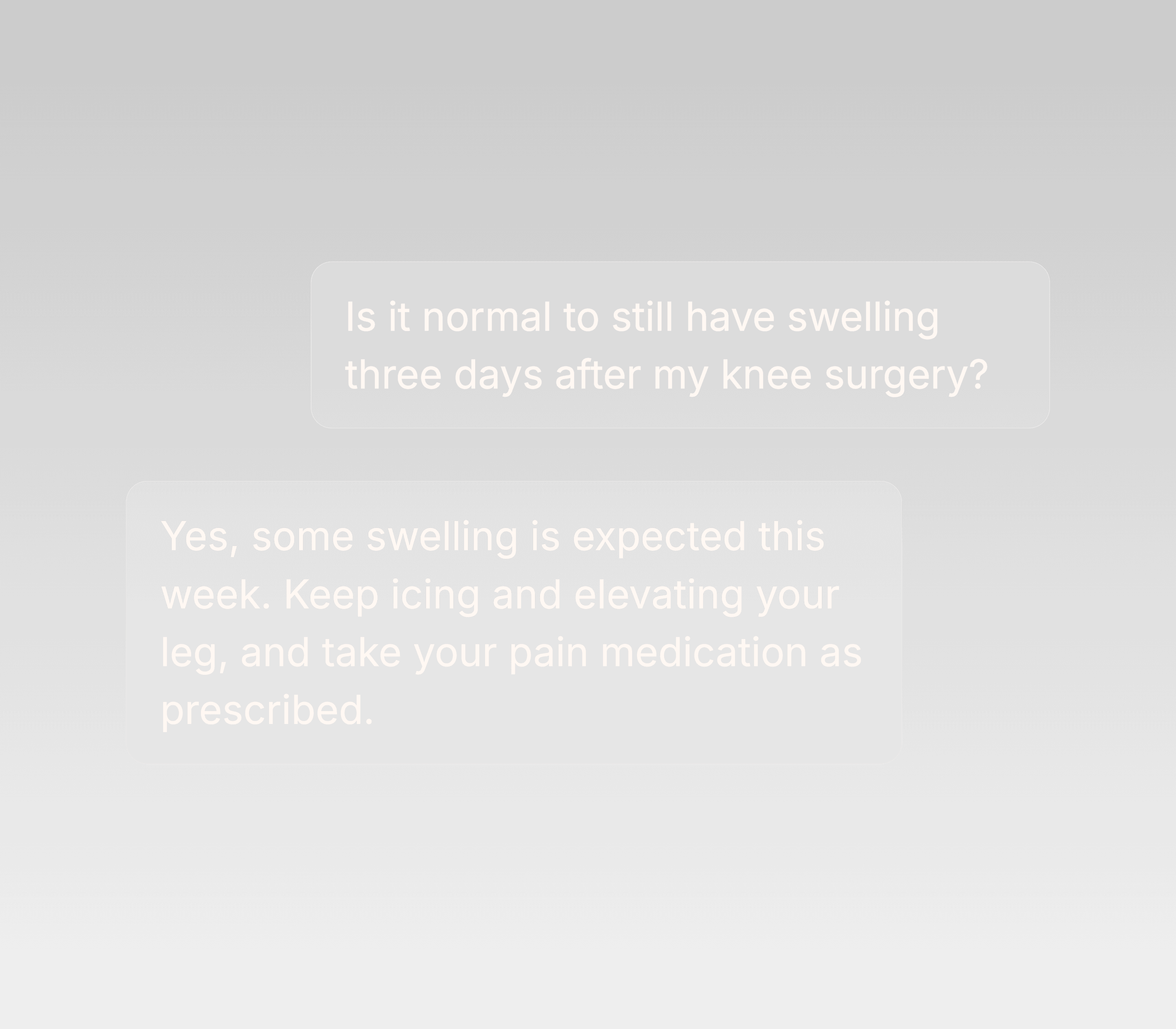 A patient asking whether swelling three days after knee surgery is normal, answered with clear recovery guidance