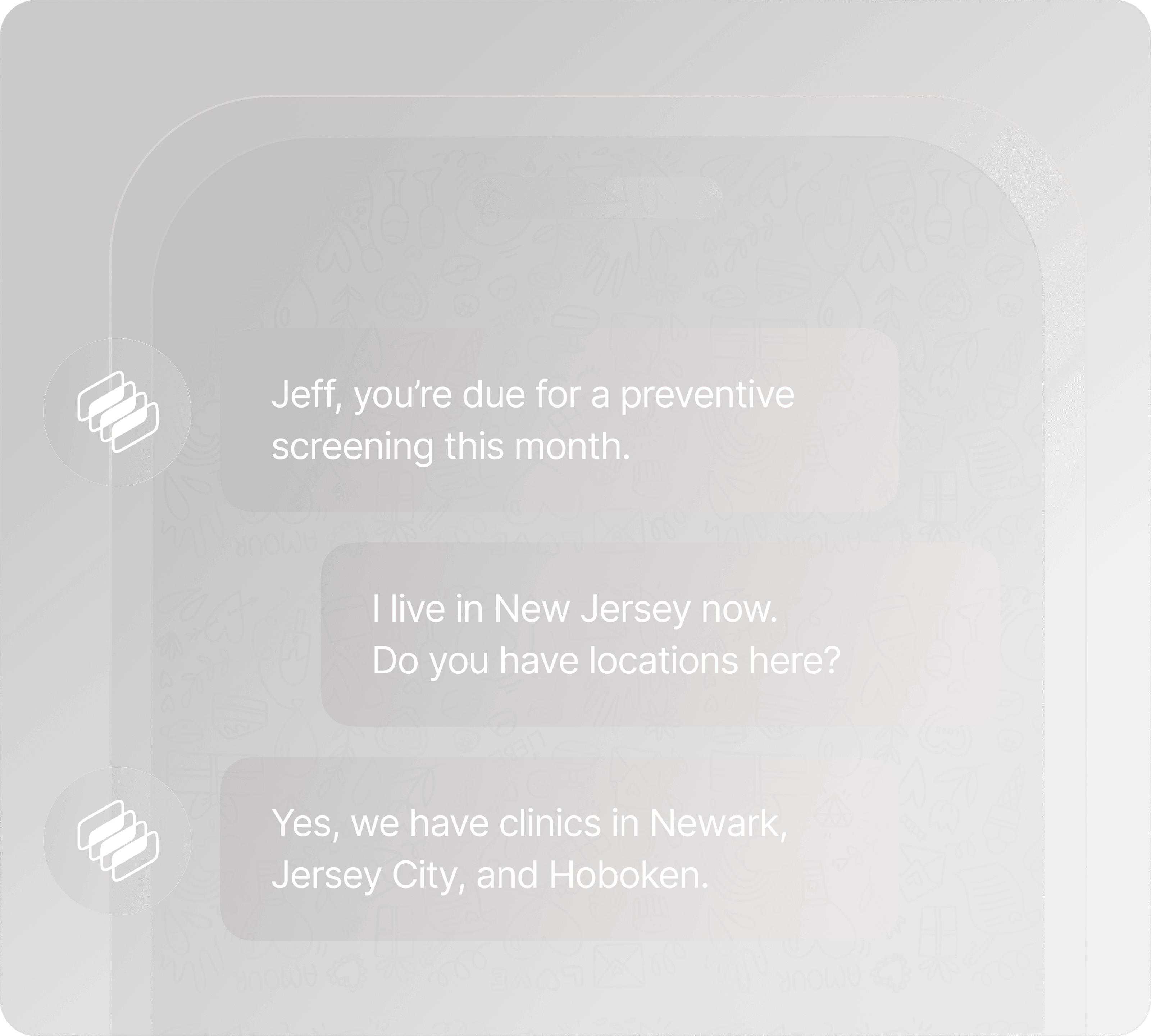 A personalized conversation answering a patient's questions about clinic locations