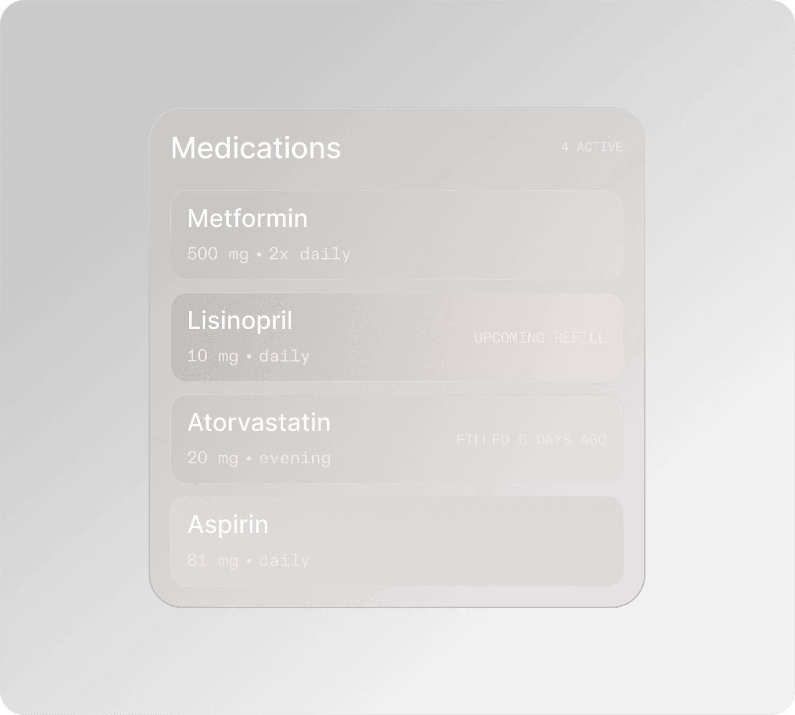 Patient medication list with active prescriptions and supply levels