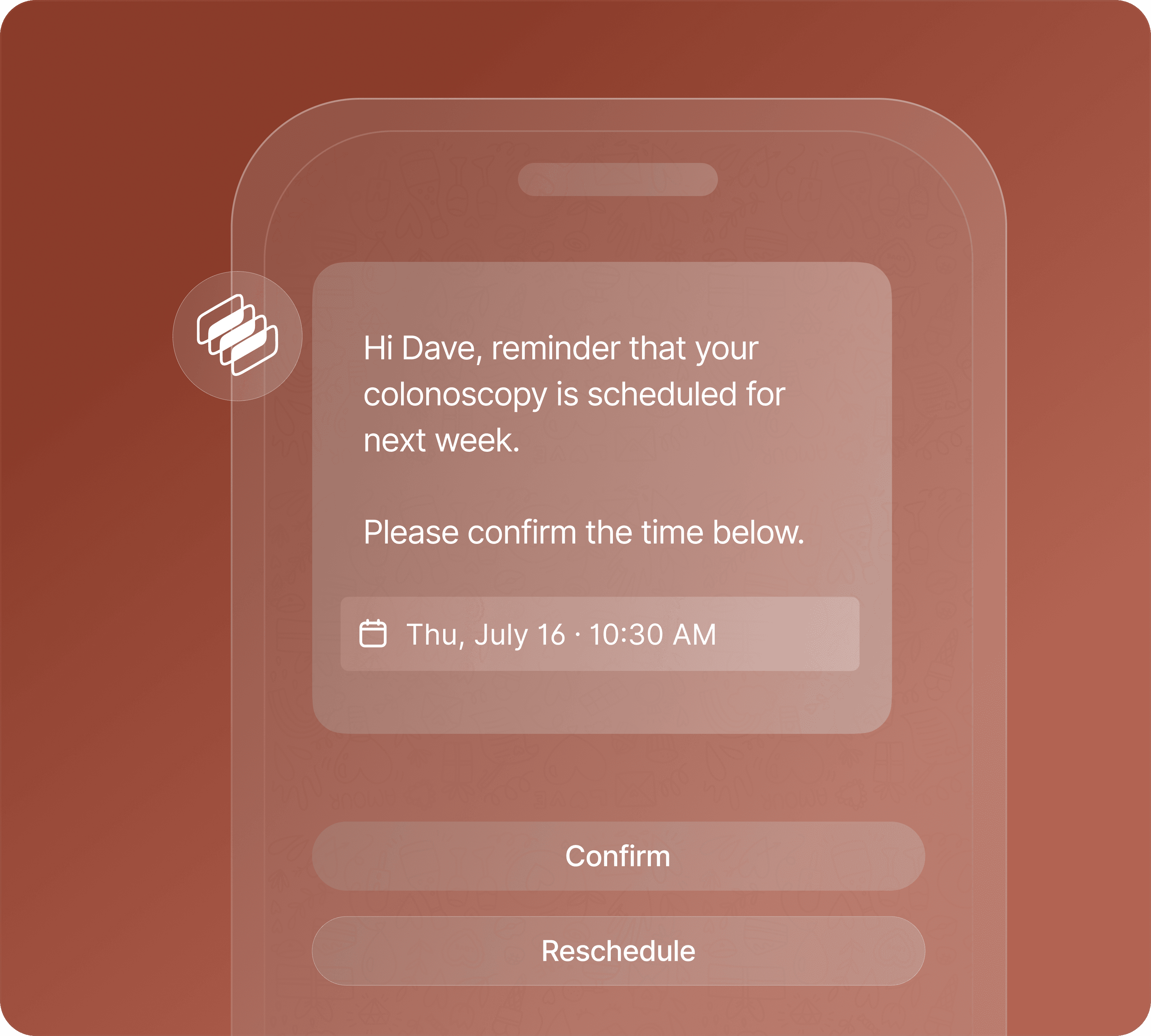 Appointment confirmation card with confirm and reschedule options