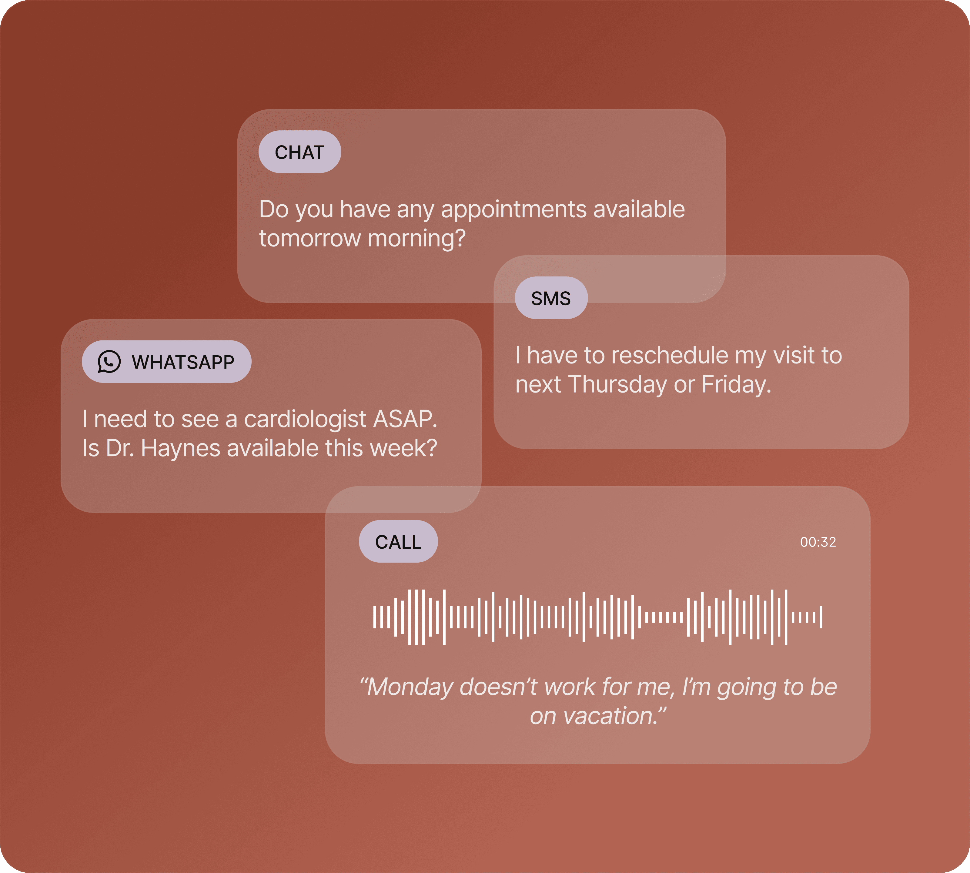 Inbound patient requests across chat, SMS, WhatsApp, and a recorded call, each asking about appointments