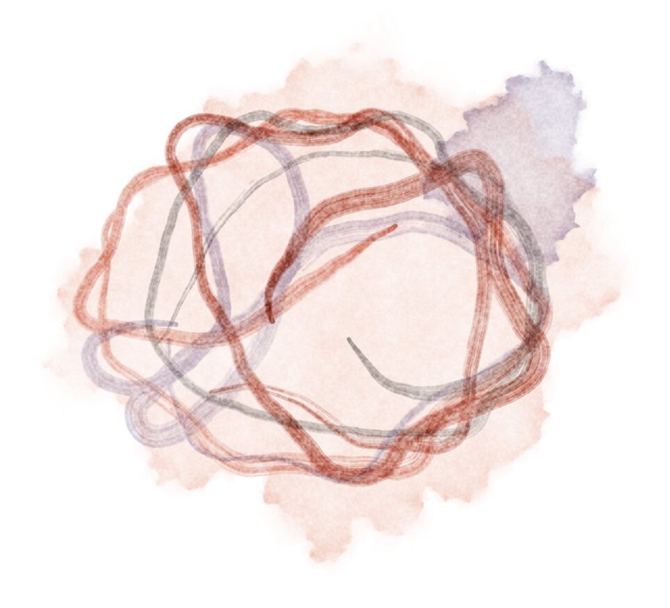 A watercolor tangle of four colored threads
